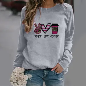 Casual grey long sleeve sweatshirt featuring Peace Love Coffee leopard graphic print