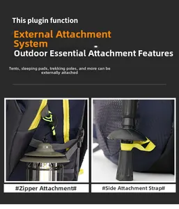 Detail view of 40L hiking backpack showing the versatile external attachment system.