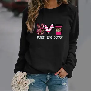 Women's black long sleeve sweatshirt featuring Peace Love Coffee leopard graphics