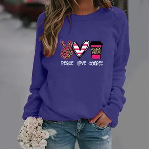 Casual purple long-sleeve sweatshirt for women with Peace Love Coffee leopard print