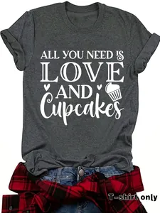 Close-up of women's charcoal grey t-shirt with 'Love and Cupcakes' white graphic print
