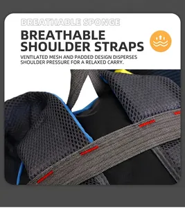 Close-up of thickened breathable mesh shoulder straps on a blue hiking backpack detail