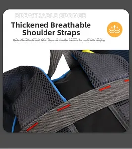 Close-up of thickened breathable mesh shoulder straps on a blue hiking backpack detail