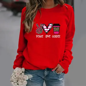 Red long sleeve crewneck sweatshirt for women with Peace Love Coffee leopard heart