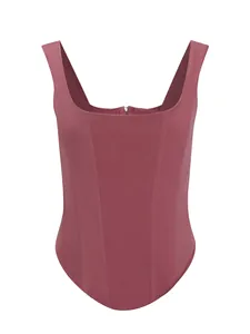 Close-up of mauve corset top with square neck and fishbone structure.
