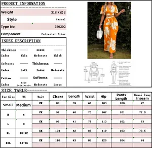 Detailed size chart for tropical floral print v-neck crop top and wide-leg pants set.