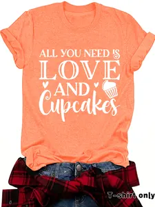 Women's orange T-shirt with white 'Love and Cupcakes' graphic print