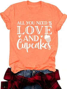 Women's orange T-shirt with white 'Love and Cupcakes' graphic print
