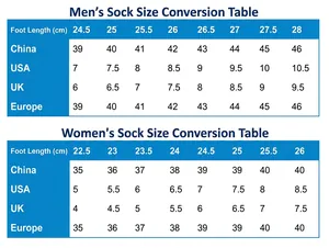 Size conversion chart for men's and women's socks in centimeters and regional units