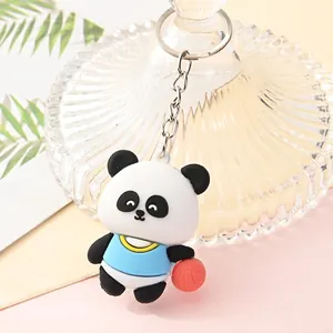 Adorable cartoon panda keychain doll wearing a blue basketball jersey with a metal ring