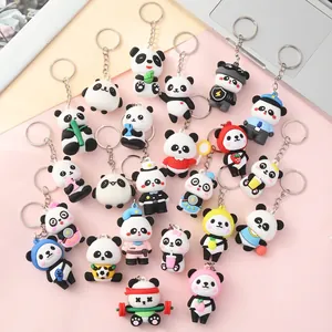 Detailed view of various cute cartoon panda keychains with different professional outfits and themes