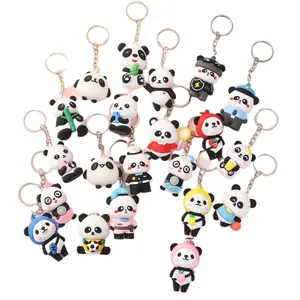 Bulk collection of various cute cartoon panda keychains in diverse themed outfits