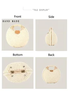 Detailed views of a hand-woven circular paper rope handbag with leather clasp closure.