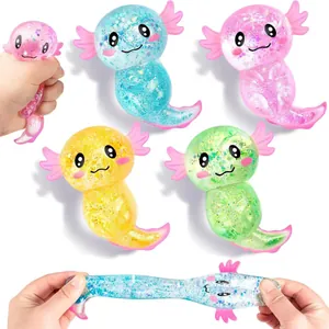 Colorful glitter-filled axolotl squishy toys for sensory stress relief and more fun.