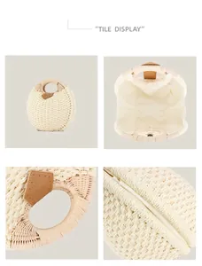 Detailed views of a round woven handbag showing interior lining and paper rope texture