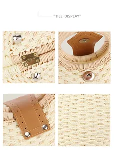 Detailed views of handmade paper rope woven handbag showing magnetic buckle and texture.