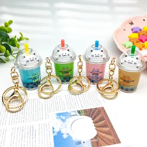 Cute cat milk cap bubble tea cup keychain with liquid oil bag charm