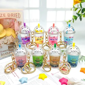 Cute cat milk cap bubble tea cup liquid keychain pendant set