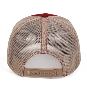 Vintage breathable mesh trucker hat with adjustable snapback closure in back view