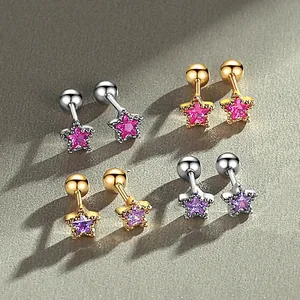 Stylish star-shaped screw-back stud earrings with pink and purple crystals in gold and silver