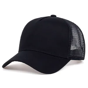 Detailed side profile of a classic black trucker hat with breathable mesh back panels