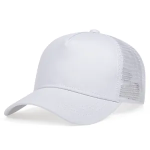 Classic white blank trucker hat with breathable mesh back and curved brim for men