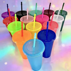 Detailed view of colorful 24oz glitter plastic straw cups in various vibrant shades
