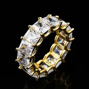 Luxury double-row princess cut zircon hip-hop men's gold ring on black background