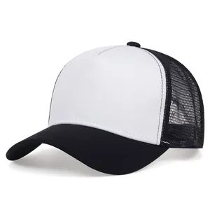 Close-up view of a classic retro black and white mesh trucker hat for sun protection
