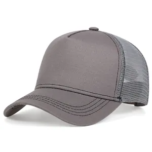 Close-up of a plain grey trucker hat with breathable mesh back and solid front panels.