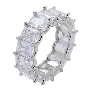 Elegant silver eternity band ring set with square-cut sparkling white cubic zircons