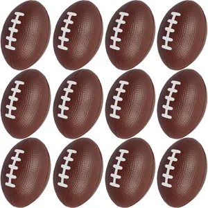 Twelve miniature brown foam American football stress relief balls arranged in a grid.