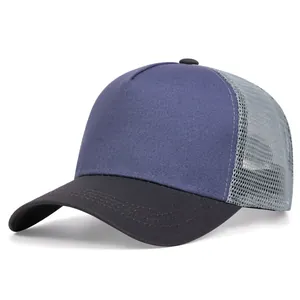 Retro blank trucker hat with blue front panel and grey mesh back for sun protection