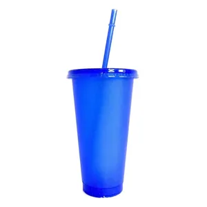 Detailed view of a 24oz blue glitter translucent plastic tumbler with matching straw