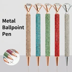 Stylo à Bille de Luxe en Métal Avec Grand Diamant en Cristal Corps Incrusté de Strass Design à Rotation Cadeau Femme Bureau