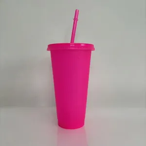 Macro detail showing fuchsia glitter texture on 24oz plastic straw cup with lid