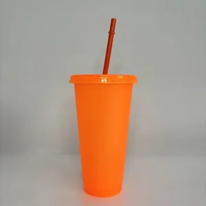 Bright orange 24oz plastic tumbler with lid and straw for daily use.