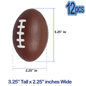 Set of 12 mini brown foam footballs for stress relief, measuring 3.25 by 2.25 inches