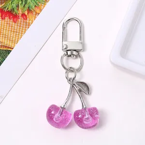 Cute shiny purple glitter cherry keychain charm for bags and keys fruit pendant