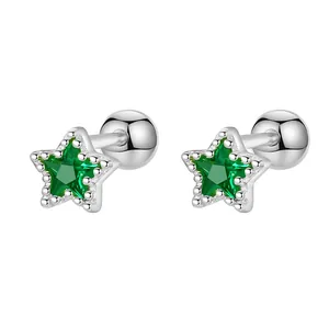 Elegant silver star stud earrings featuring green gemstones and a secure screw back closure