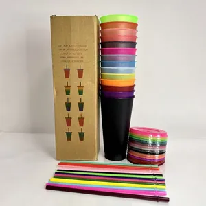 Large 24oz glitter plastic straw cups with color-changing effect and matching lids