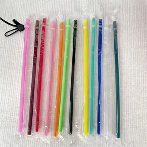 Colorful reusable plastic straws individually wrapped with functional black buckle clips