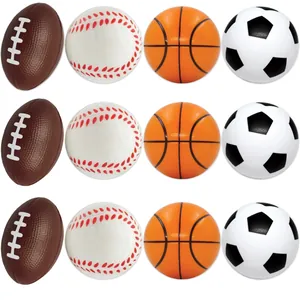 Set of 12 mini foam stress balls featuring soccer, basketball, football, and baseball designs