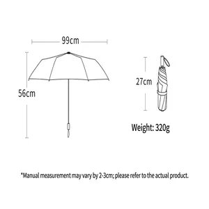 Dimension diagram of folding transparent umbrella showing size and weight specs.