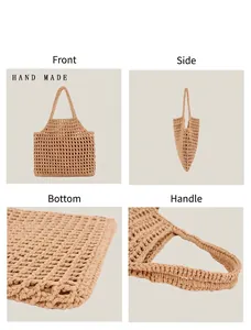 Handmade hollow woven cotton tote bag showing front, side, and detail views