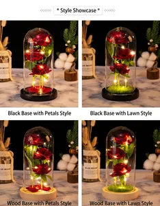 Artificial rose glass dome with LED string lights in four different base and soil styles