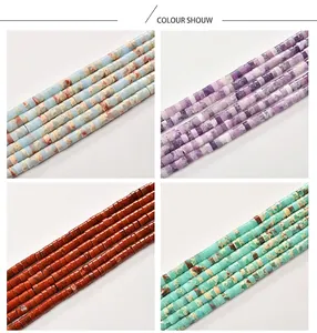 Detailed display of 2x4mm cylindrical tube spacer beads in four natural stone colors