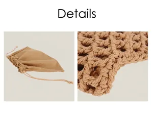 Close-up view of hand-woven natural cotton mesh texture and drawstring pouch details