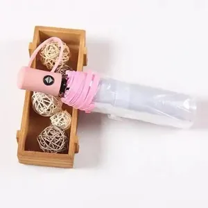 Close-up detail of a pink automatic folding umbrella featuring a transparent canopy