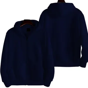 Sweat à capuche zippé bleu marine pour homme, vues de face et de dos avec cordon.